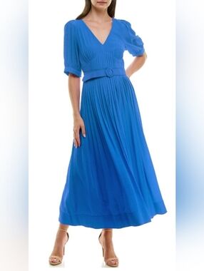 Blue V-Neck Pleated Midi Dress with Belt